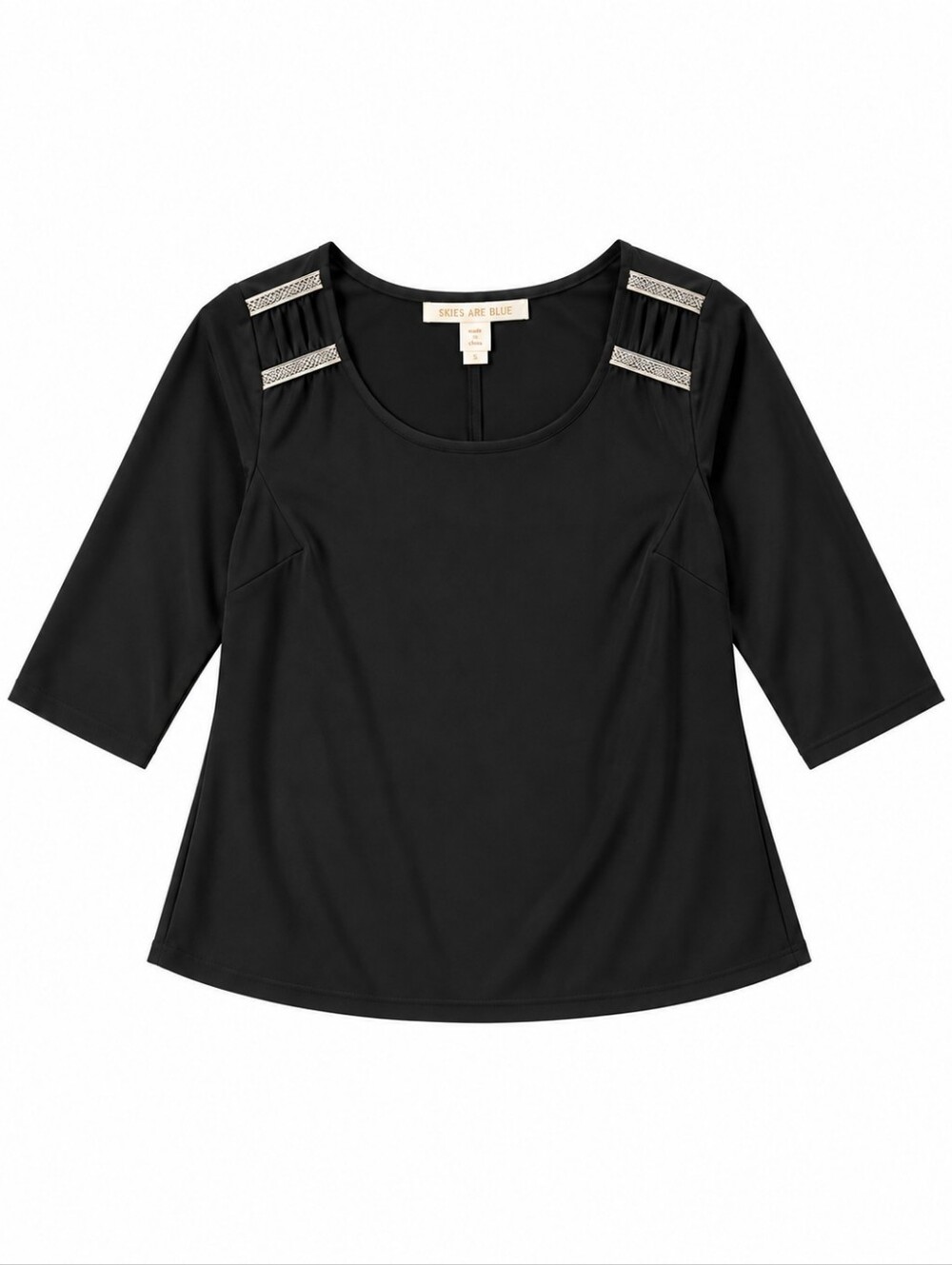 Skies Are Blue Black 3/4 Sleeve Blouse Gathered Shoulder Detail Size S